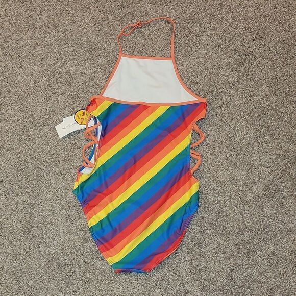 Treasure & Bond Cutout 1 Pc Swimsuit UPF 50+ Orange Vibrant Multi Stripe 🌈 14 - Picture 2 of 5
